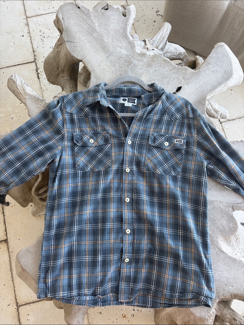 Salty Crew Men's Blue and Brown Plaid Button-Down Flannel Shirt